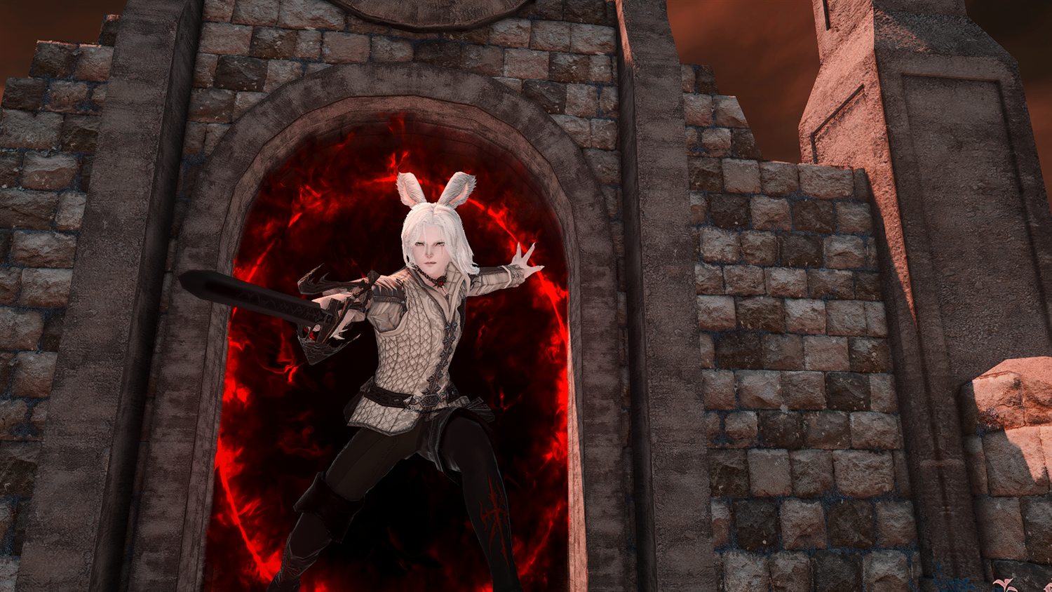 A duellist braced before a portal of red aether