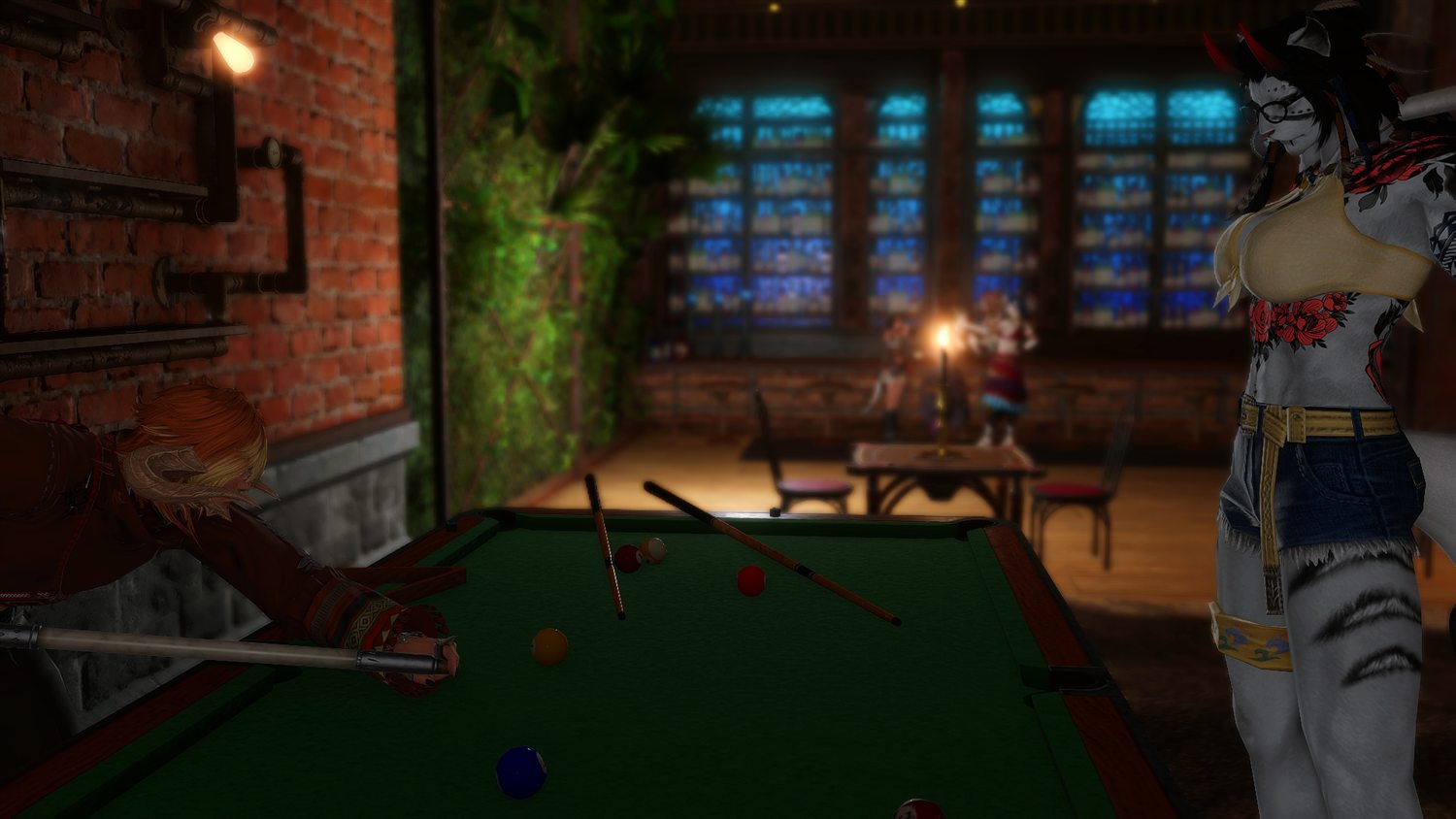 Members at ease over a game of pool in a tavern hall